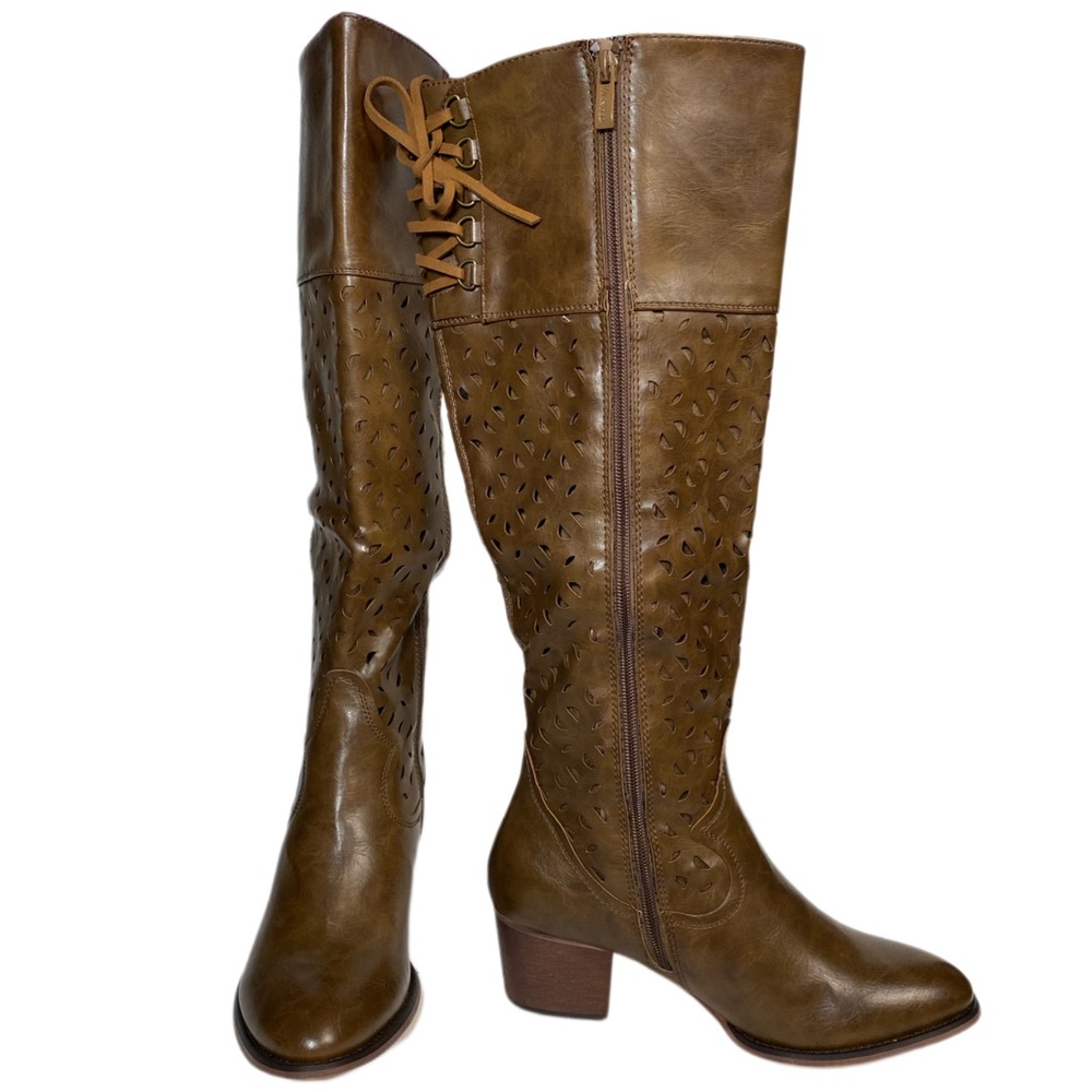 NIB Wanted Brown Heeled Knee Boot Side Zip Laser Cut-out Laced Back Faux Leather